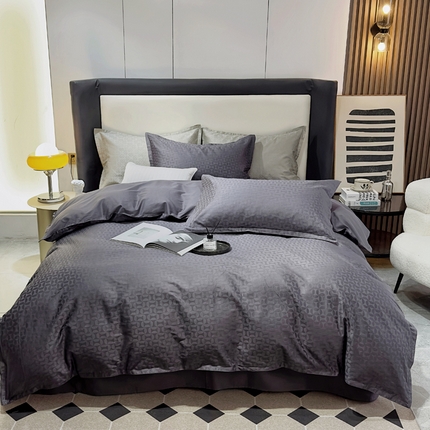 91家纺网 家纺一手货源 找家纺 尚品本色 2023新款全棉高支提花飞边款四件套 风车花（深灰）