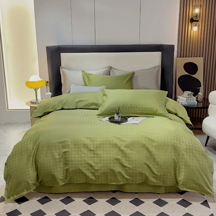 91家纺网 家纺一手货源 找家纺 尚品本色 2023新款全棉高支提花飞边款四件套 千鸟格（草绿）