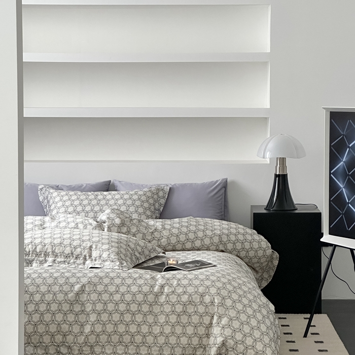 91家纺网 家纺一手货源 找家纺 赫帛 2023新款60s缎纹数码印花工艺款四件套-波登 灰色