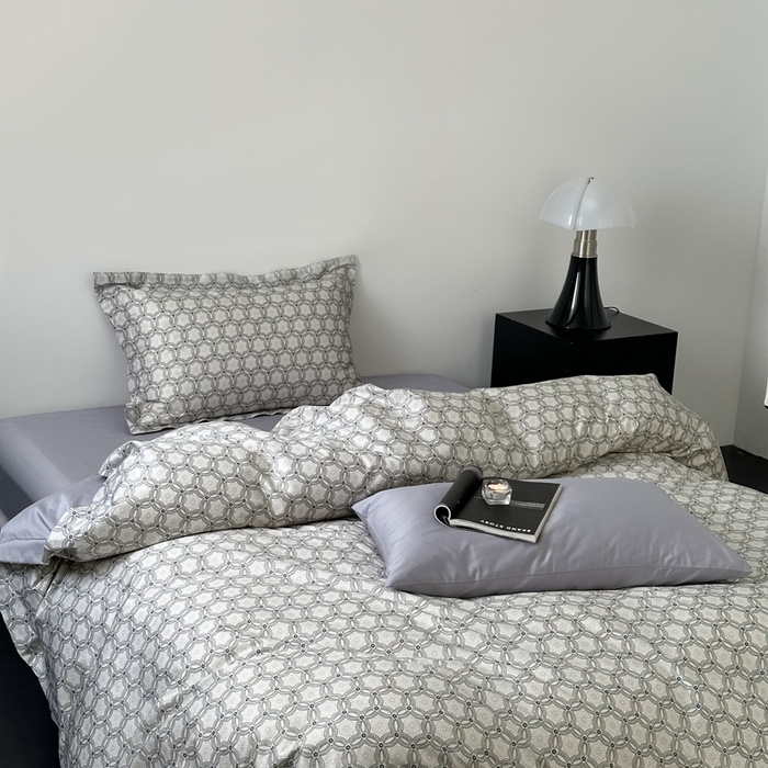 91家纺网 家纺一手货源 找家纺 赫帛 2023新款60s缎纹数码印花工艺款四件套-波登 灰色