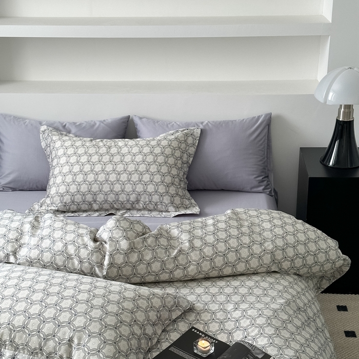 91家纺网 家纺一手货源 找家纺 赫帛 2023新款60s缎纹数码印花工艺款四件套-波登 灰色