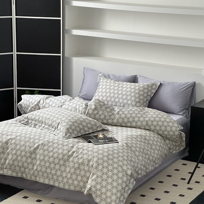 91家纺网 家纺一手货源 找家纺 赫帛 2023新款60s缎纹数码印花工艺款四件套-波登 灰色