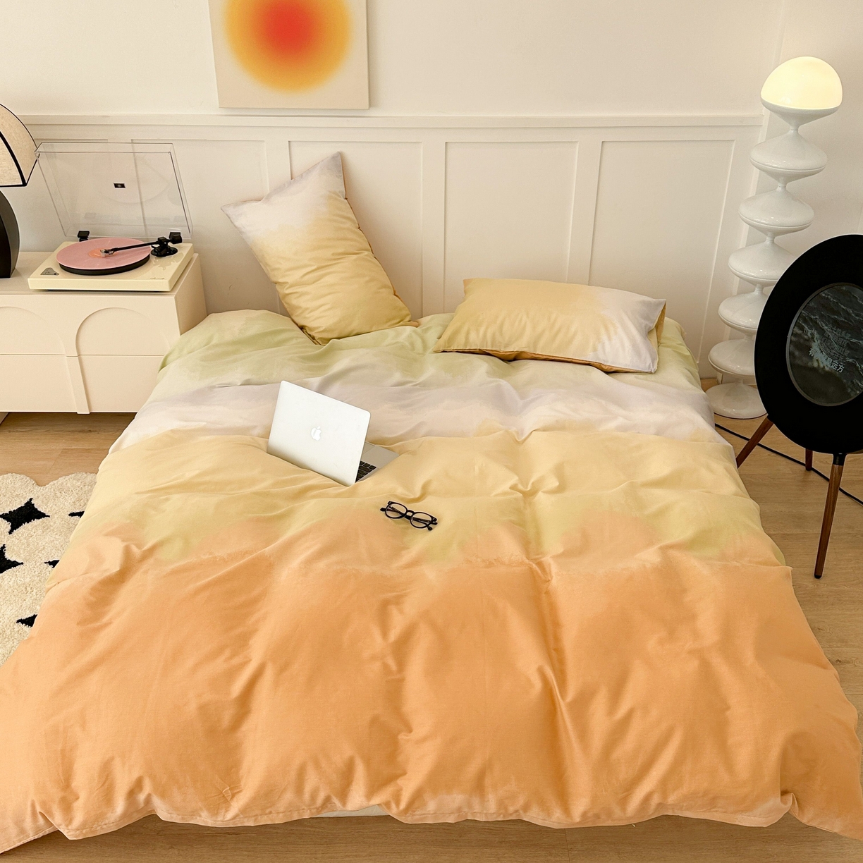 91家纺网 家纺一手货源 找家纺 昔可家纺2023新款全棉ins渐变风简约四件套 落日橘调