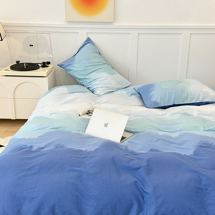 91家纺网 家纺一手货源 找家纺 昔可家纺2023新款全棉ins渐变风简约四件套 那片蓝海