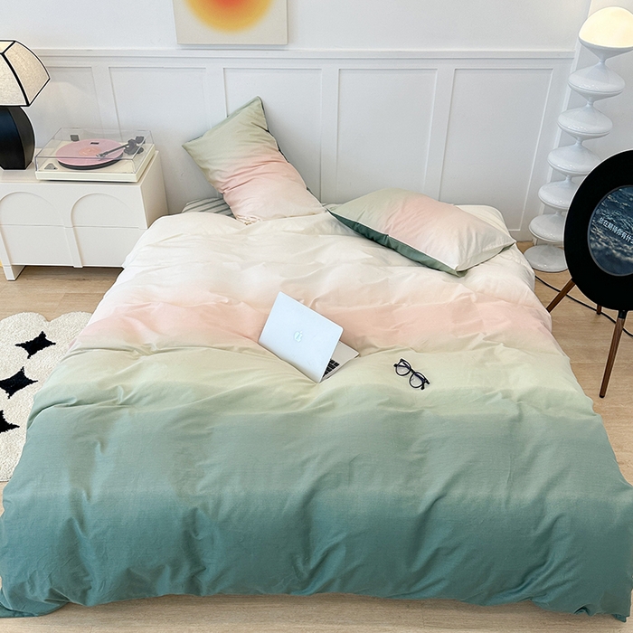 91家纺网 家纺一手货源 找家纺 昔可家纺2023新款全棉ins渐变风简约四件套 松石粉绿