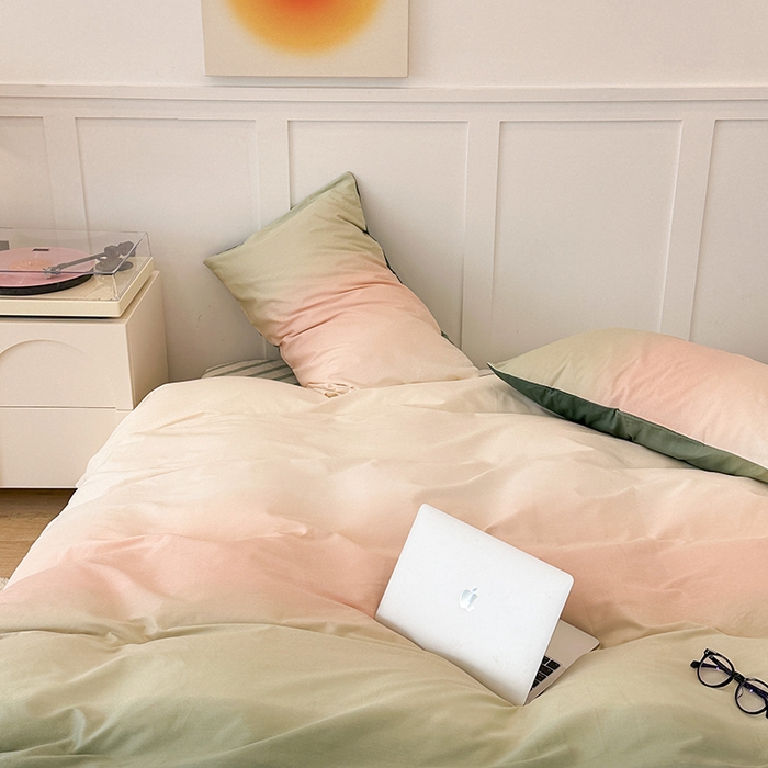 91家纺网 家纺一手货源 找家纺 昔可家纺2023新款全棉ins渐变风简约四件套 松石粉绿