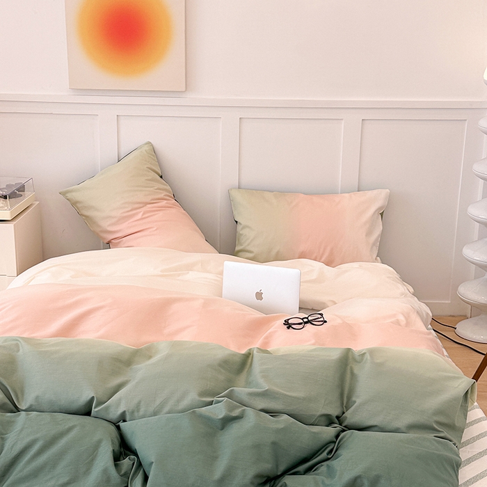 91家纺网 家纺一手货源 找家纺 昔可家纺2023新款全棉ins渐变风简约四件套 松石粉绿