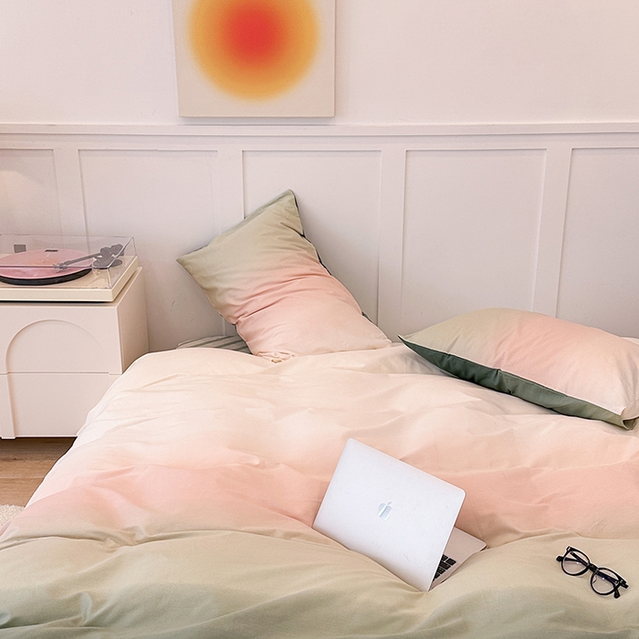 91家纺网 家纺一手货源 找家纺 昔可家纺2023新款全棉ins渐变风简约四件套 松石粉绿