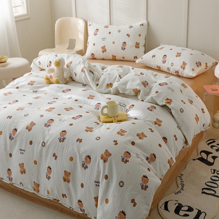 91家纺网 家纺一手货源 找家纺 窝米 2023新款全棉A类双层纱系列四件套 布朗熊