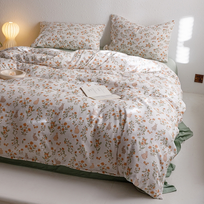 91家纺网 家纺一手货源 找家纺 窝米2023新款全棉A类双层纱系列四件套 茶茶兔