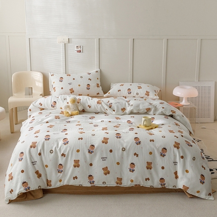 91家纺网 家纺一手货源 找家纺 窝米 2023新款全棉A类双层纱系列四件套 布朗熊