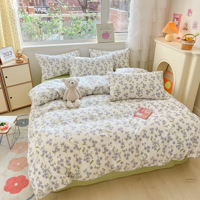 91家纺网 家纺一手货源 找家纺 曼之夏 2023新款全棉印花小碎花四件套 蓝色心情