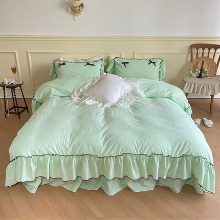 91家纺网 家纺一手货源 找家纺 嗨购 2023新款40S全棉水洗棉法式大花边四件套（场景一）  苹果绿