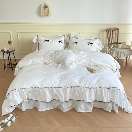 91家纺网 家纺一手货源 找家纺 嗨购 2023新款40S全棉水洗棉法式大花边四件套（场景一）  优雅白