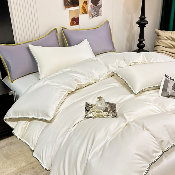 91家纺网 家纺一手货源 找家纺 艾米家居 2025新款水洗真丝贝壳边系列四件套 白