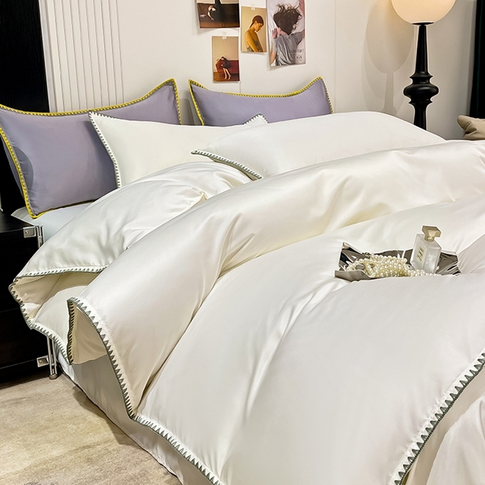 91家纺网 家纺一手货源 找家纺 艾米家居 2025新款水洗真丝贝壳边系列四件套 白