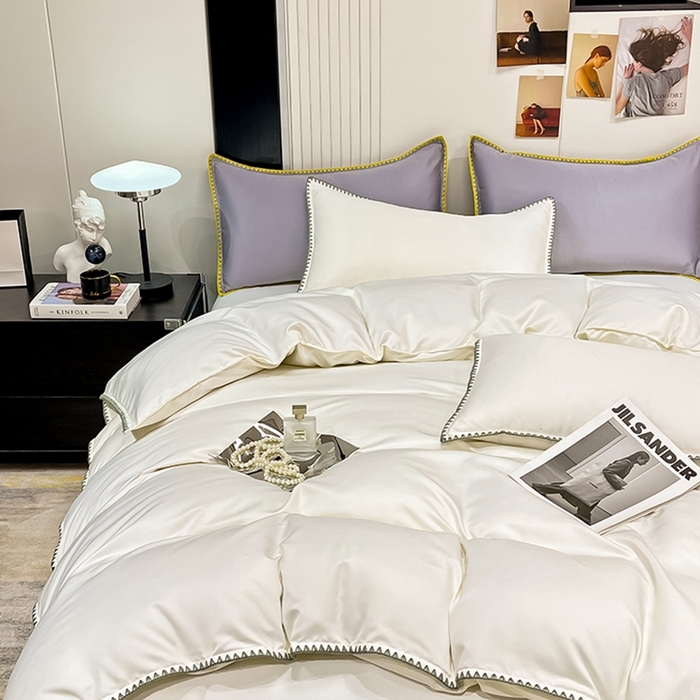 91家纺网 家纺一手货源 找家纺 艾米家居 2025新款水洗真丝贝壳边系列四件套 白