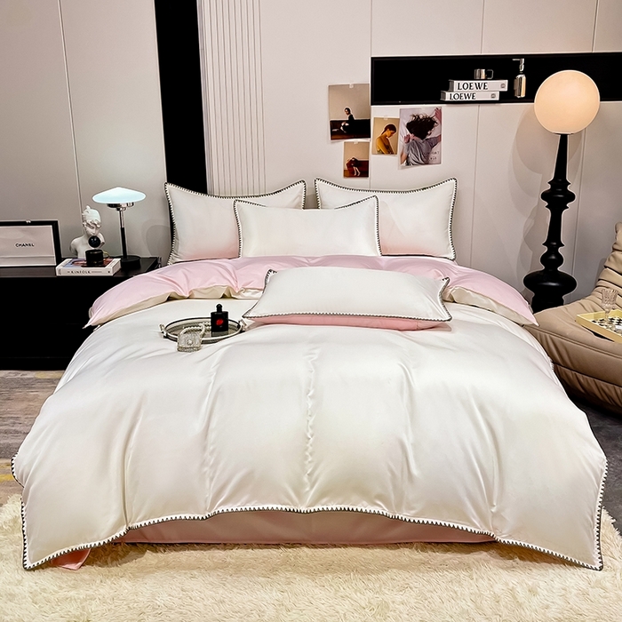 91家纺网 家纺一手货源 找家纺 艾米家居 2025新款水洗真丝贝壳边系列四件套 白+粉