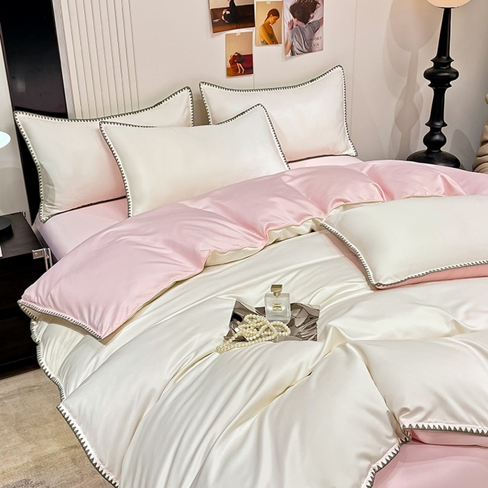 91家纺网 家纺一手货源 找家纺 艾米家居 2025新款水洗真丝贝壳边系列四件套 白+粉