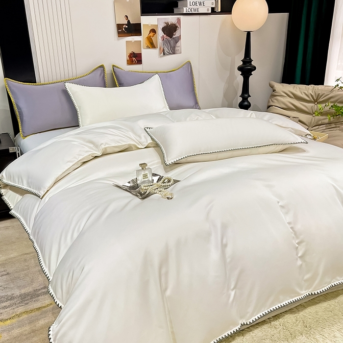 91家纺网 家纺一手货源 找家纺 艾米家居 2025新款水洗真丝贝壳边系列四件套 白