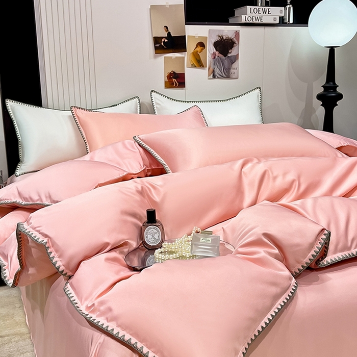 91家纺网 家纺一手货源 找家纺 艾米家居 2025新款水洗真丝贝壳边系列四件套 豆沙