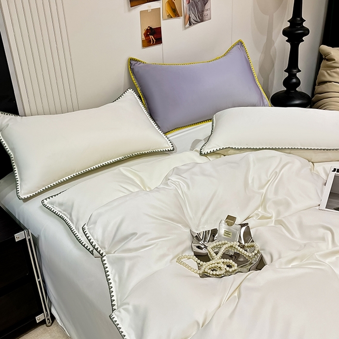 91家纺网 家纺一手货源 找家纺 艾米家居 2025新款水洗真丝贝壳边系列四件套 白