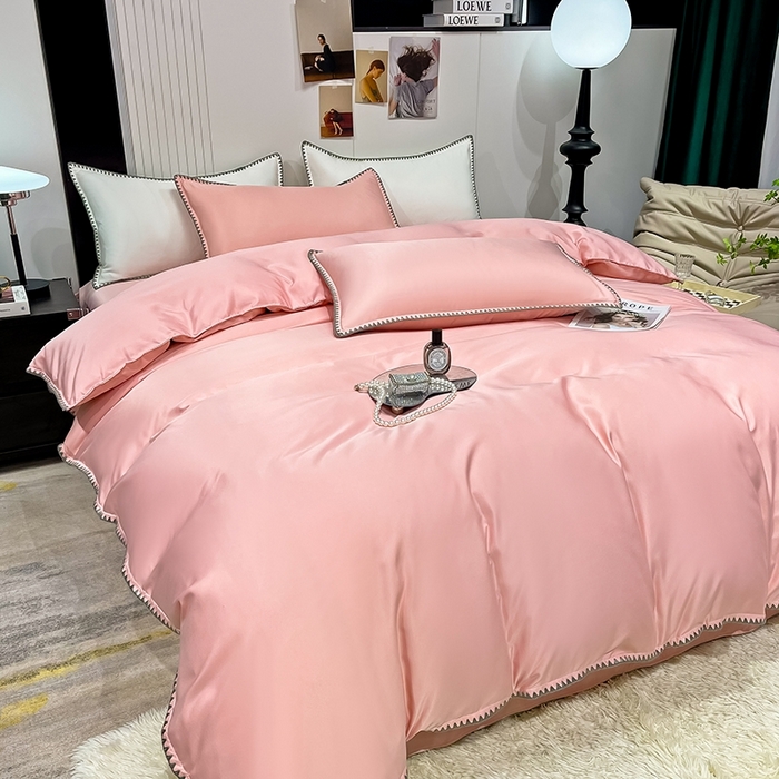 91家纺网 家纺一手货源 找家纺 艾米家居 2025新款水洗真丝贝壳边系列四件套 豆沙