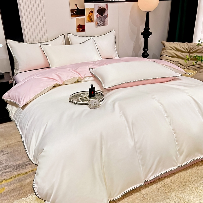 91家纺网 家纺一手货源 找家纺 艾米家居 2025新款水洗真丝贝壳边系列四件套 白+粉