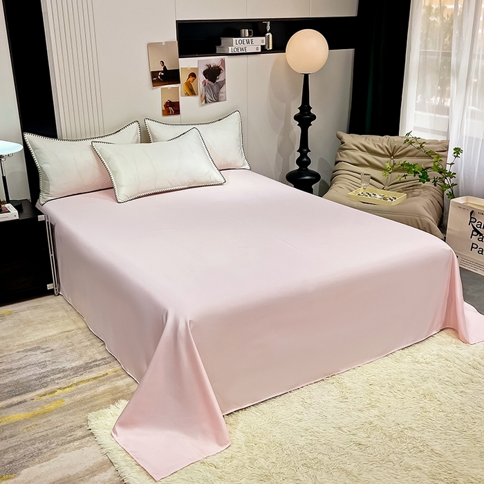 91家纺网 家纺一手货源 找家纺 艾米家居 2025新款水洗真丝贝壳边系列四件套 白+粉