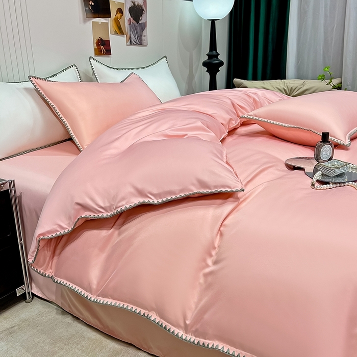 91家纺网 家纺一手货源 找家纺 艾米家居 2025新款水洗真丝贝壳边系列四件套 豆沙