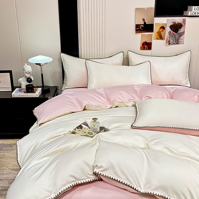 91家纺网 家纺一手货源 找家纺 艾米家居 2025新款水洗真丝贝壳边系列四件套 白+粉