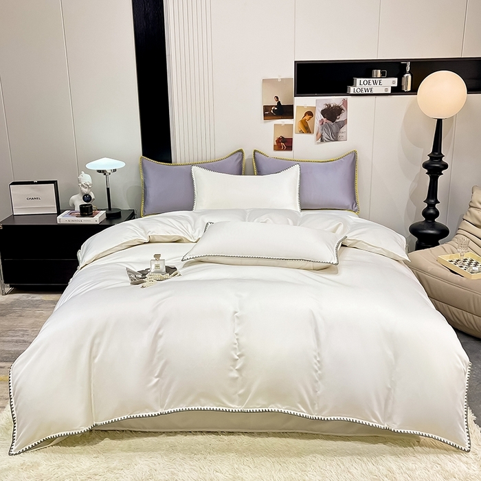 91家纺网 家纺一手货源 找家纺 艾米家居 2025新款水洗真丝贝壳边系列四件套 白