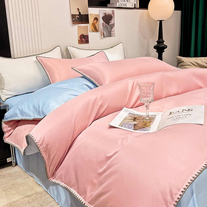 91家纺网 家纺一手货源 找家纺 艾米家居 2025新款水洗真丝贝壳边系列四件套 豆沙+蓝