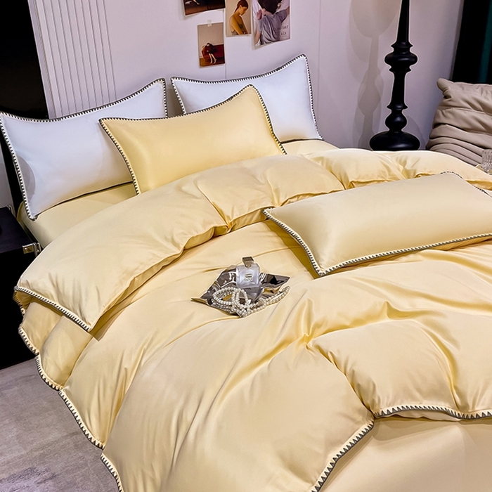 91家纺网 家纺一手货源 找家纺 艾米家居 2025新款水洗真丝贝壳边系列四件套 黄