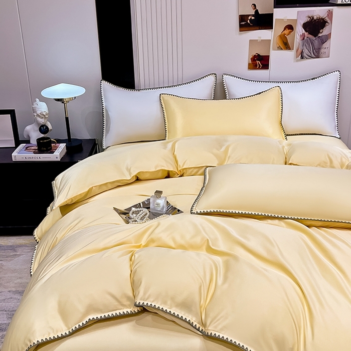 91家纺网 家纺一手货源 找家纺 艾米家居 2025新款水洗真丝贝壳边系列四件套 黄
