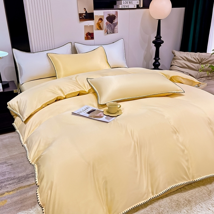 91家纺网 家纺一手货源 找家纺 艾米家居 2025新款水洗真丝贝壳边系列四件套 黄