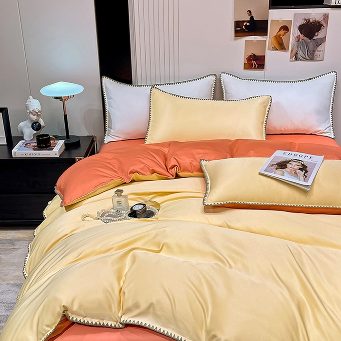 91家纺网 家纺一手货源 找家纺 艾米家居 2025新款水洗真丝贝壳边系列四件套 黄+橘色