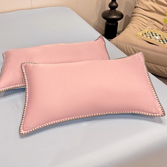 91家纺网 家纺一手货源 找家纺 艾米家居 2025新款水洗真丝贝壳边系列四件套 豆沙+蓝