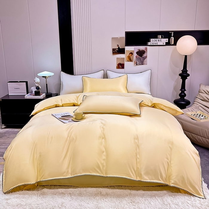 91家纺网 家纺一手货源 找家纺 艾米家居 2025新款水洗真丝贝壳边系列四件套 黄