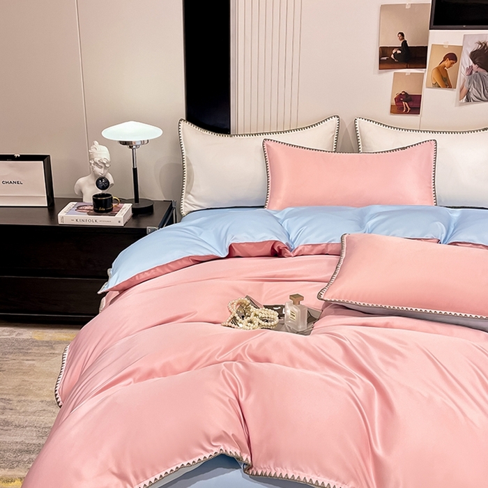 91家纺网 家纺一手货源 找家纺 艾米家居 2025新款水洗真丝贝壳边系列四件套 豆沙