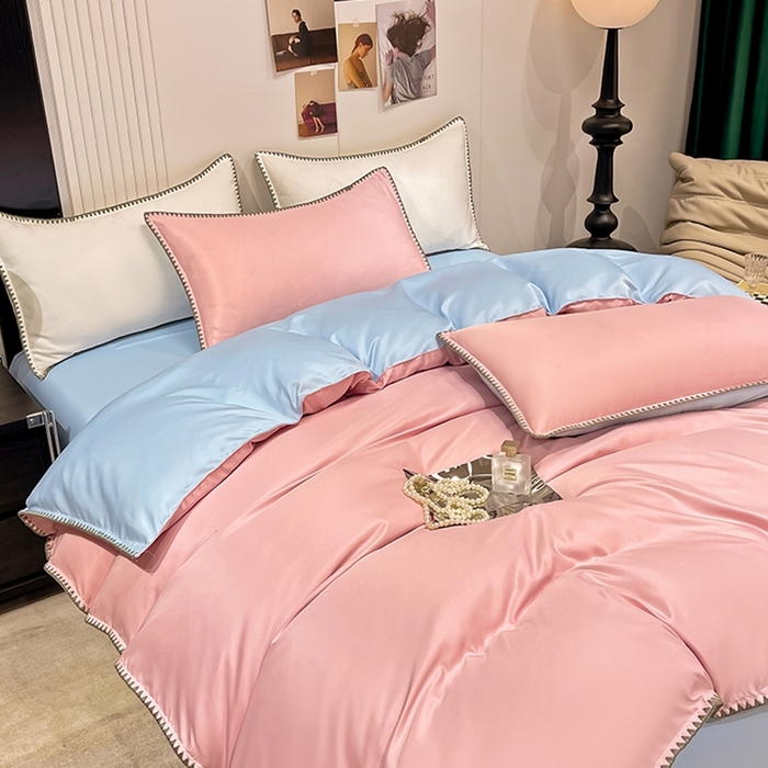 91家纺网 家纺一手货源 找家纺 艾米家居 2025新款水洗真丝贝壳边系列四件套 豆沙+蓝