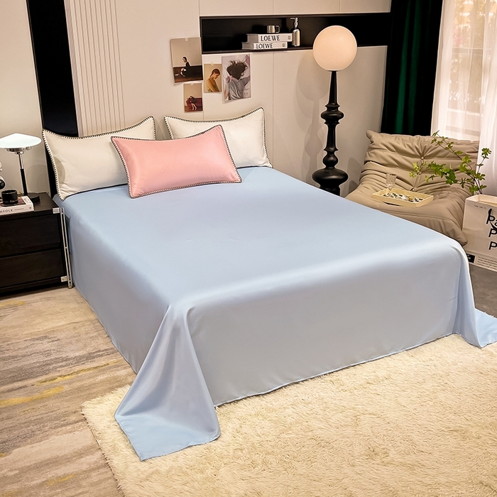 91家纺网 家纺一手货源 找家纺 艾米家居 2025新款水洗真丝贝壳边系列四件套 豆沙+蓝