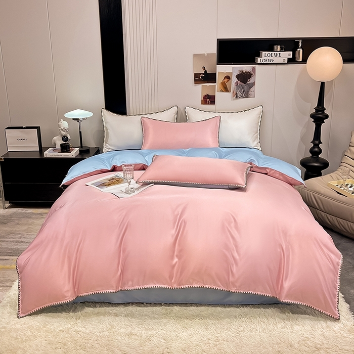 91家纺网 家纺一手货源 找家纺 艾米家居 2025新款水洗真丝贝壳边系列四件套 豆沙+蓝