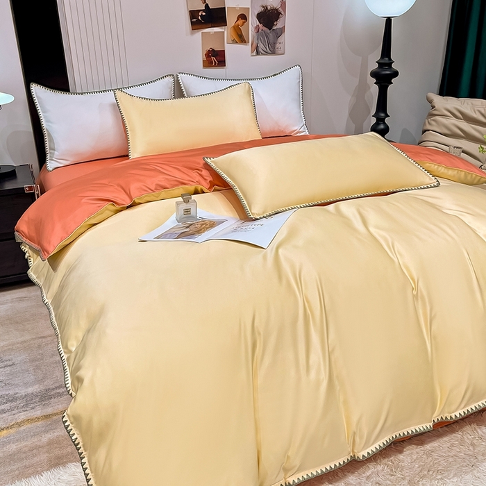 91家纺网 家纺一手货源 找家纺 艾米家居 2025新款水洗真丝贝壳边系列四件套 黄+橘色