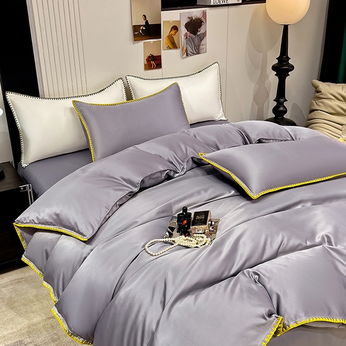 91家纺网 家纺一手货源 找家纺 艾米家居 2025新款水洗真丝贝壳边系列四件套 灰色