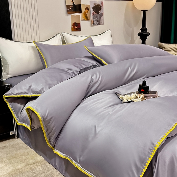 91家纺网 家纺一手货源 找家纺 艾米家居 2025新款水洗真丝贝壳边系列四件套 灰色