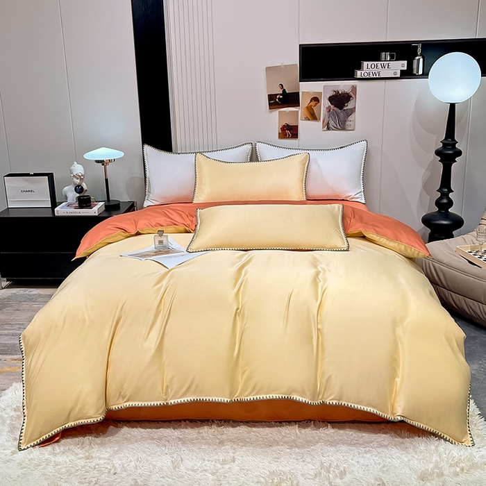91家纺网 家纺一手货源 找家纺 艾米家居 2025新款水洗真丝贝壳边系列四件套 黄+橘色