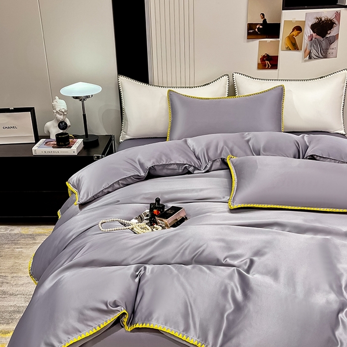 91家纺网 家纺一手货源 找家纺 艾米家居 2025新款水洗真丝贝壳边系列四件套 灰色