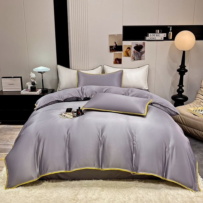 91家纺网 家纺一手货源 找家纺 艾米家居 2025新款水洗真丝贝壳边系列四件套 灰色