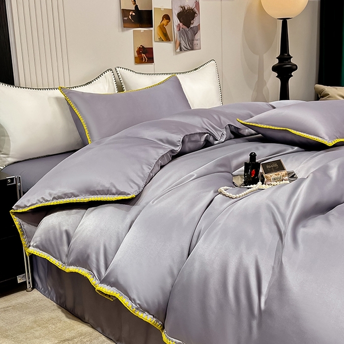 91家纺网 家纺一手货源 找家纺 艾米家居 2025新款水洗真丝贝壳边系列四件套 灰色